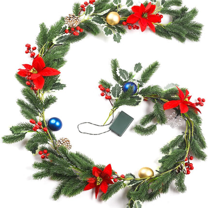 Christmas Garland with Lights, Rodelna Forest Pine Garland with Holly Flocked Pinecones Poinsettias, Pre-lit 6 Feet LED Snowflake Battery Operated for Fireplaces, Chandeliers, Wall, Stairs Railing