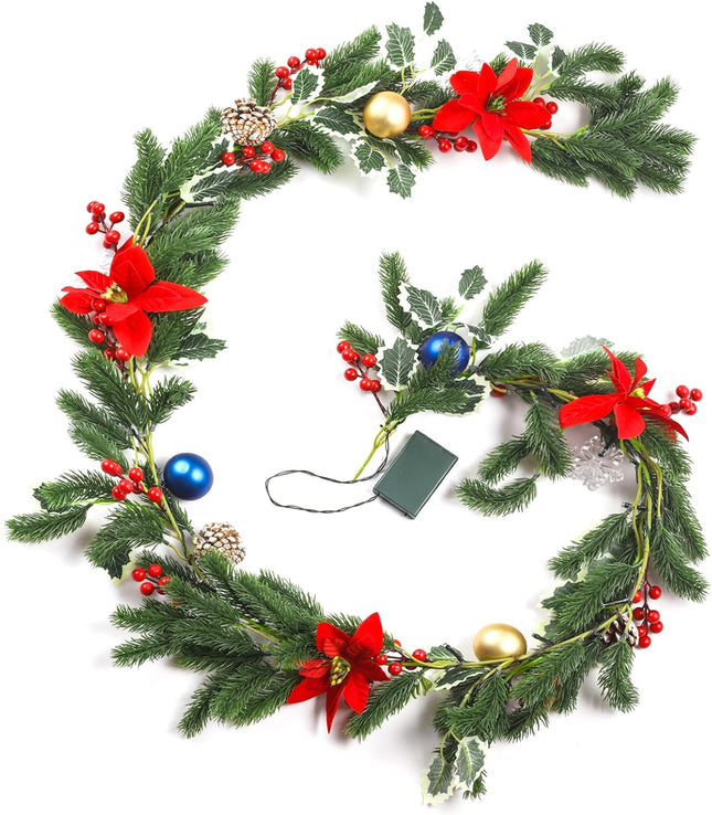 Christmas Garland with Lights, Rodelna Forest Pine Garland with Holly Flocked Pinecones Poinsettias, Pre-lit 6 Feet LED Snowflake Battery Operated for Fireplaces, Chandeliers, Wall, Stairs Railing