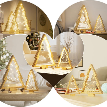 Wooden Christmas Tree, Modern Farmhouse Lights Christmas Tree, Tabletop Christmas Decor 2-Piece Set(Large 13.78" & Small 9.6") fit for Mantelpiece, Coffee Table, TV Cabinet