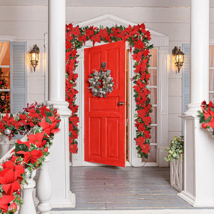 2Pcs Christmas Garland, 6.5Ft Artificial Red Flowers Poinsettia Garland with Berries and Holly Leaves for Christmas Holiday Indoor Outdoor Home Tables Centerpieces Decorations