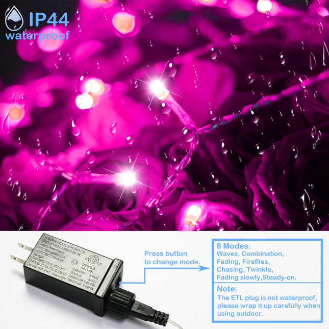 YAOZHOU Pink Christmas Decorations String Lights, Fairy Lights Indoor Outdoor IP44 Waterproof 66Ft 200LED 8 Modes, Decor for Holiday, Party, Wedding, Garden, Tree Decor
