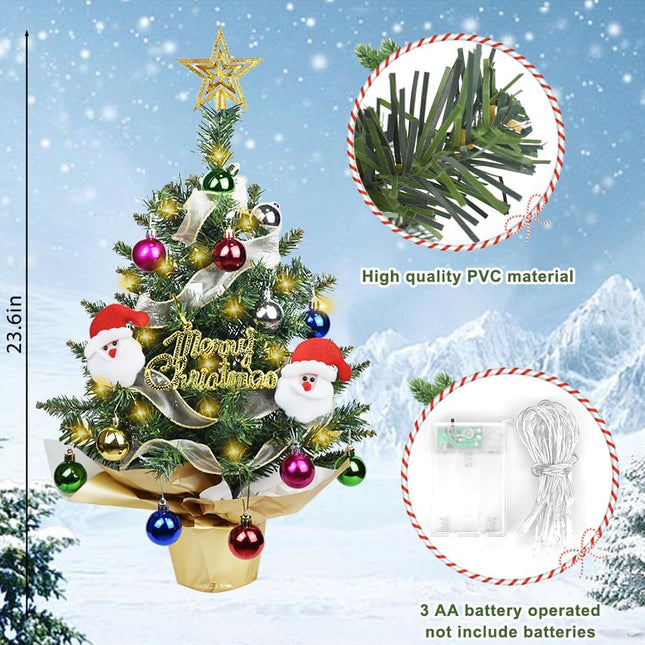 Nialnant Tabletop Mini Christmas Tree, 23.6 Inch Artificial Pine Xmas Tree with Lights, Small Christmas Tree for Home Office DIY Christmas Decoration