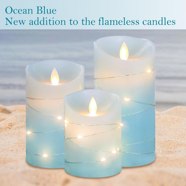 MELTONE Flameless Candles with String Lights Moving Wick Real Wax Ocean Blue Battery Operated Candles with Remote Control & Timer - Home Holiday Farmhouse Christmas Decor - Set of 3