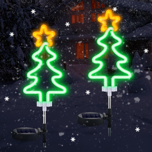 2 Pcs Solar Christmas Garden Stake Lights Waterproof Xmas Tree Solar Landscape Path Lights Neon Christmas Solar Lights for Outside Stakes Xmas Light Yard Stakes for House (Christmas Tree)