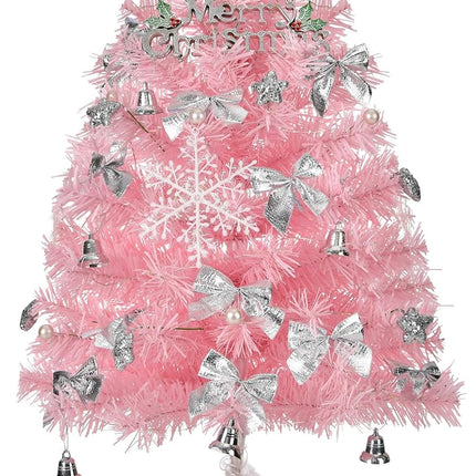Mini Christmas Tree with Lights, 24inch/2ft Tabletop Artificial Pink Christmas Tree with Tree Skirt Led String Light for Home Office Party Christmas Decoration with Star Pearl Christmas Bells