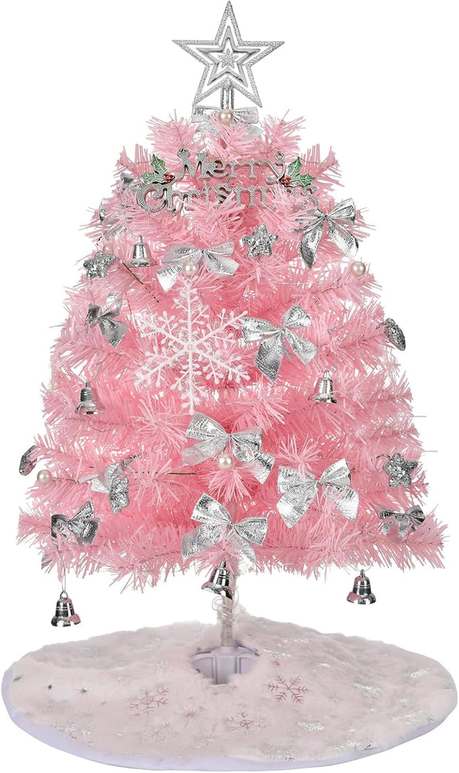 Mini Christmas Tree with Lights, 24inch/2ft Tabletop Artificial Pink Christmas Tree with Tree Skirt Led String Light for Home Office Party Christmas Decoration with Star Pearl Christmas Bells