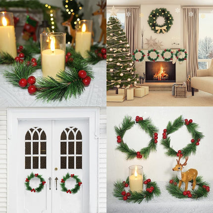 4pcs Christmas Candle Rings Wreaths Artificial Red Berries Greenery Pine Needles Garland Christmas Wreaths Candle Rings Holder for Wedding Christmas Table Centerpiece Home Dinner Table Decor