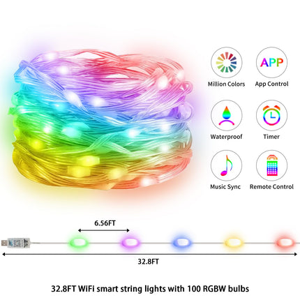 Honche Smart Lights 33FT 100LED USB Power Weatherproof App Control Timer Dimmable DIY Music Sync Speedness Fairy Lights for Campping Bedroom Party Garden Christmas Tree Halloween Decor