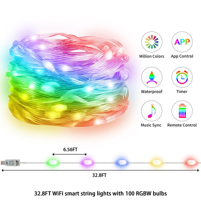 Honche Smart Lights 33FT 100LED USB Power Weatherproof App Control Timer Dimmable DIY Music Sync Speedness Fairy Lights for Campping Bedroom Party Garden Christmas Tree Halloween Decor