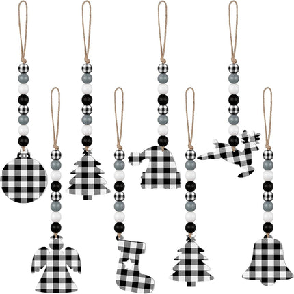 8 Pieces Christmas Tree Ornaments Christmas Buffalo Plaid Hanging Ornaments Wood Bead Garland with Fawn Snowman Angel Bell for Xmas Home Party Decorations(White, Black)