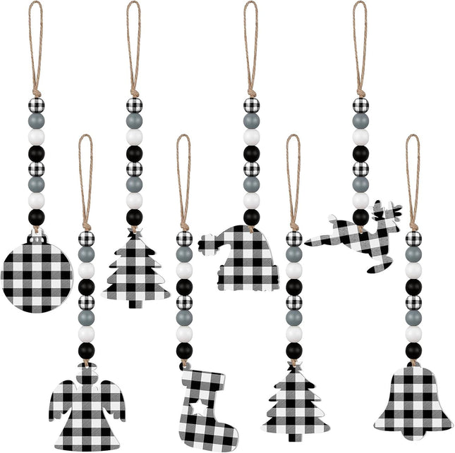 8 Pieces Christmas Tree Ornaments Christmas Buffalo Plaid Hanging Ornaments Wood Bead Garland with Fawn Snowman Angel Bell for Xmas Home Party Decorations(White, Black)