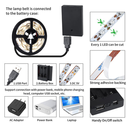 49.2ft USB LED Light Strip White with Battery Box (Batteries Not Included), Daylight LED White Strip Lights Cuttable LEDs for Bedroom, Mirror, Party, Camping, Birthday, Christmas, 8.2ft x 6