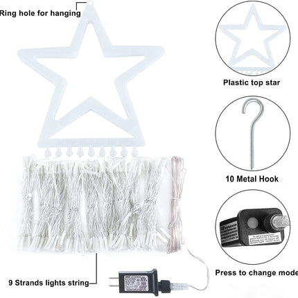 Christmas Decorations Star String Lights, 320 LEDs Outdoor Waterfall Tree Lights with 13" Topper Star, Plug in Waterproof Hanging Fairy Lights for Xmas Year Holiday Party Yard Decor (Warm White)