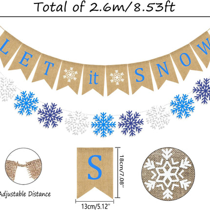 Doumeny Let It Snow Burlap Banner Winter Snowflake Garland Banner Xmas Be Merry Bunting Banner Blue White Snowflake Party Banner Merry Christmas Hanging Banner for Holiday Home Fireplace Mantel Decor