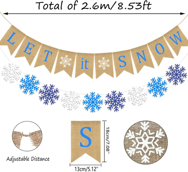 Doumeny Let It Snow Burlap Banner Winter Snowflake Garland Banner Xmas Be Merry Bunting Banner Blue White Snowflake Party Banner Merry Christmas Hanging Banner for Holiday Home Fireplace Mantel Decor