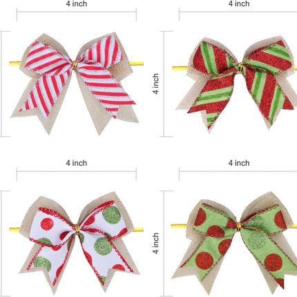 12 Pcs Christmas Candy Bow 4 Inch Burlap with Red and Green Dot Bows Glitter Stripe Candy Cane Lollipop Peppermint Wreath Bows for Xmas Door Garland DIY Candy Themed Party Supplies (Christmas)