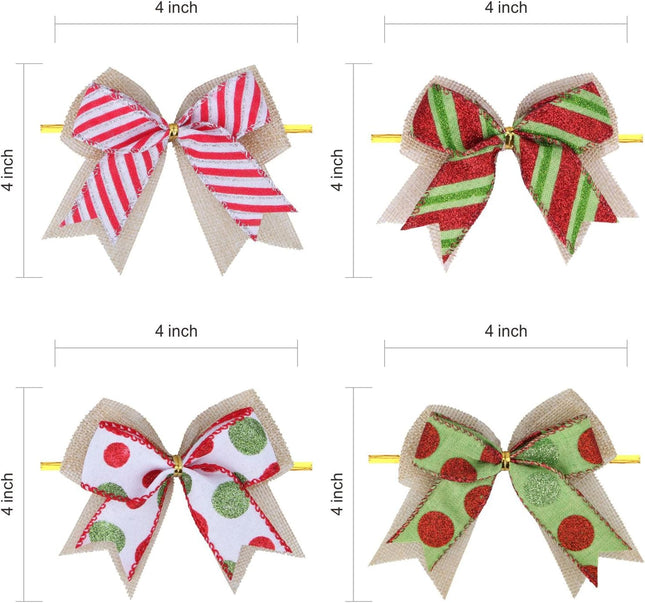 12 Pcs Christmas Candy Bow 4 Inch Burlap with Red and Green Dot Bows Glitter Stripe Candy Cane Lollipop Peppermint Wreath Bows for Xmas Door Garland DIY Candy Themed Party Supplies (Christmas)