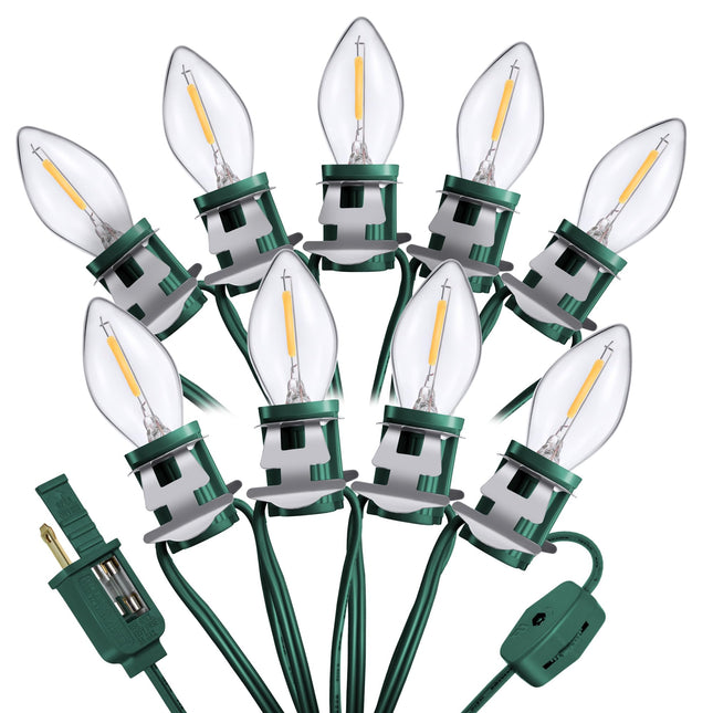 Meonum Accessory Cord with 9 LED Light Bulb, 16.4Ft C7 Christmas Village Lights Cord with Clip, Blow Mold Lights for Halloween Christmas Village Houses, Pumpkin Skeleton Holiday Decoration, Green
