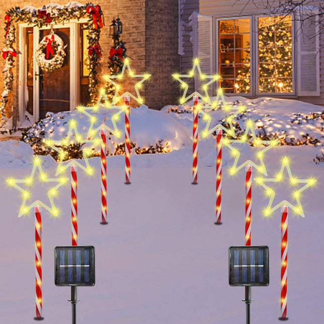 Christmas Decorations Warm White Star Lights Solar Garden Lights, Outdoor Waterproof Landscape Path Lights with Red Stake, 8 Pack 120 LED Solar Outside Christmas Lights for Yard Pathway Lawn Decor