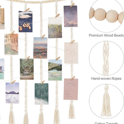 Mkono Macrame Hanging Photo Display Wall Decor with String Lights, Boho Wooden Beads Garland Collage Picture Card Frame Holder with 45 Clips for Bedroom Living Room Dorm, Teen Girls Christmas s