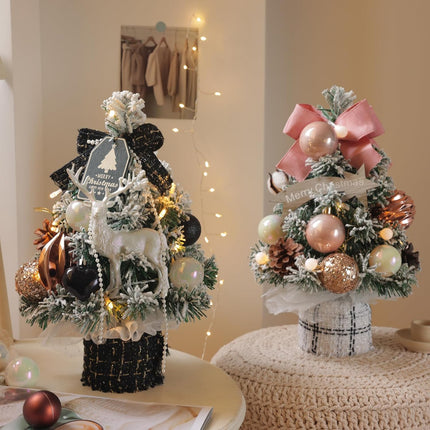 Small Christmas Tree Mini Tabletop Snowy Artificial Xmas Pine Trees with Wooden Base Decorative Ornaments Balls Festive DIY Desk Table Decoration Cute Warm Present (Black)