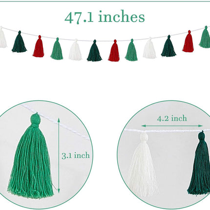 WILLBOND 4 Pieces Christmas Tassel Garland Merry Christmas Felt Garland Tassel Banners Decoration for Christmas Tree Classroom Home Supplies(3.1 Inch,Red, White, Light Green, Dark Green)