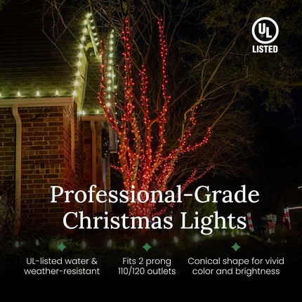 Pro Christmas LED Holiday Lights - 50 Bulbs, 25ft - Professional Grade Indoor Outdoor 5MM Wide Angle Conical Christmas Light Strings for Decorating Home and Outside Trees - 2800K Warm White