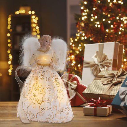Christmas Angel Tree Topper with LED Light, 14" Angel Treetop Figurine with Dress, Feather Wings, and 10 Lights for Indoor and Outdoor Holiday Decoration, Xmas Home Ornaments - Gold