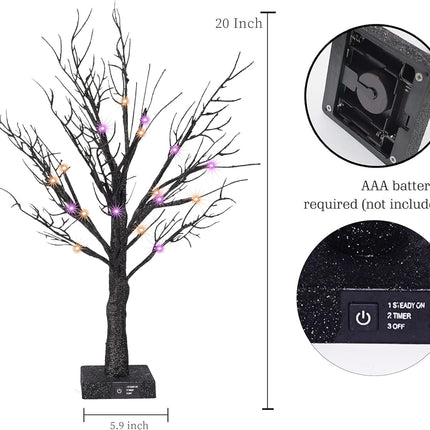 Dazzle Bright 20 Inch Orange & Purple Lighted Halloween Birches Tree Decor, 24 LED Battery Operated Halloween Decorations Artificial Black Spooky Tree with Timer for Indoor Home Holiday Xmas Party