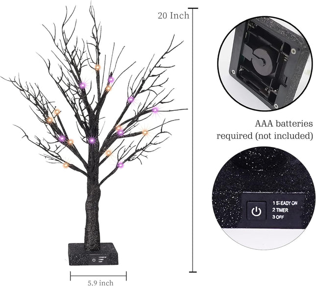 Dazzle Bright 20 Inch Orange & Purple Lighted Halloween Birches Tree Decor, 24 LED Battery Operated Halloween Decorations Artificial Black Spooky Tree with Timer for Indoor Home Holiday Xmas Party