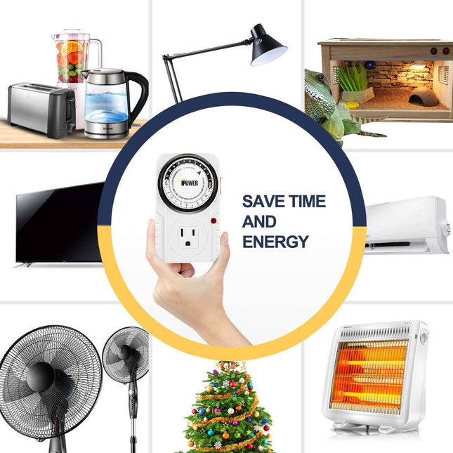iPower 24 Outlet Timer Switch, Mechanical Heavy Duty Plugin Timer Indoor for Christmas String Light, 3-Prong, AC 1725W 1/2 HP, UL Listed, White, 4 Pack