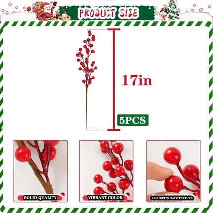 10 Pcs Christmas Norfolk Pine Branches with Red Berry Stems,19 Inch Norfolk Pine Artificial Christmas Branches, Artificial Xmas Branches Plants Pine Leaves for DIY Garland Wreath Home Decoration