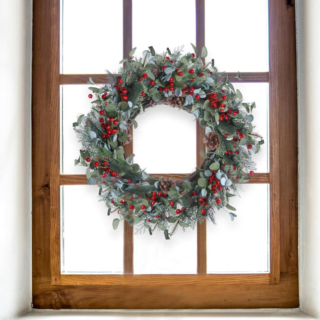 20 Inches Christmas Wreath Winter Wreaths Holiday Christmas Wreaths for Front Door Christmas Berry Wreath with Pine Needles Pine Cones Red Berries for Window Indoor Outdoor Winter Decorations