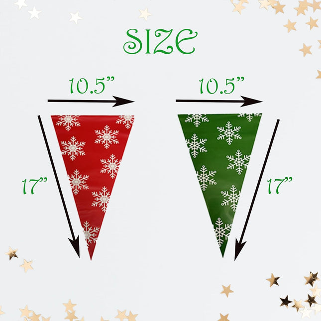100FT Christmas Plastic Flags, Holiday Pennant Banner, Green and Red Garland with White Snowflakes, Xmas Decoration Triangle Flags, Winter Decoration Bunting Banner, by Bashout