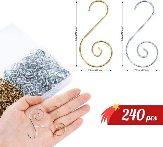 ilauke Christmas Ornament Hanger Hooks 240pcs Silver & Gold Swirl Decorative Ornament Hooks Hang Holiday Decorations Hanger from Trees, Garlands and Wreaths
