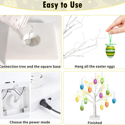 24" Easter Lighted Birch Tree with 12pcs Ornaments,Warm White LEDs Birch Tree Light Tabletop Artificial Tree 8 Lighting Modes USB or Batteries Operated with Timer for Easter Decor