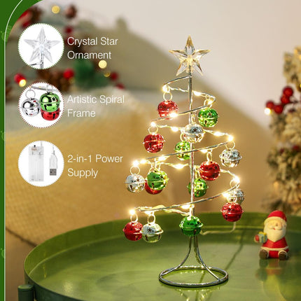 Lewondr Christmas Table Lamp, USB/Battery Powered Spiral Christmas Tree Desk Lamp with Star Topper, Decorative Christmas Tree Light with Red/Green Hanging Bells for Home Bedroom Xmas Party, Red/Green