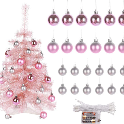 Mini Pink Christmas Tree 24 Inch/2 FT Tabletop Artificial Xmas Tree Small Christmas Tree with LED Lights and Balls Ornaments for Desktop Xmas Decor Home Office Party