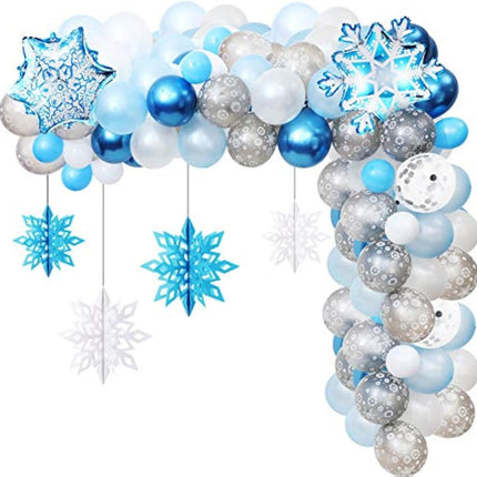 76 Pieces Snowflake Balloon Garland Arch Kit Winter Wonderland Decorations with Clear Silver Blue Paper Snowflake Decor and 100 Pieces Glue for Christmas Xmas Frozen Snow Party Favors Supplies