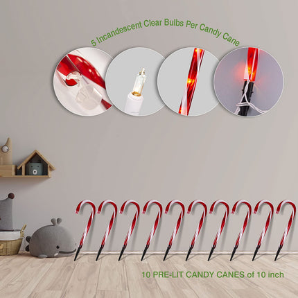 Candy Cane Christmas Lights Outdoor Decorations, Set of 10 Candy Cane Lights Outdoor Pathway for Christmas Candy Decorations,10 inch Lighted Candy Canes Outdoor Christmas Decorations Yard