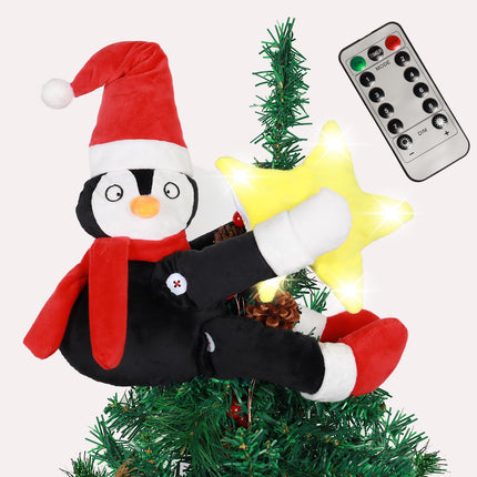 Christmas Tree Toppe Penguin Decorations with Lights，Christmas Penguin Embrace Tree Toppe with Lighted Star,Christmas Home Decor Curtain Tie Wine Bottle Decoration