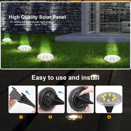 8 Pack White Solar Ground Lights,8 Led Waterproof InGround Lights Solar Powered Garden Lights Patio Disk Lights Outdoor Landscape