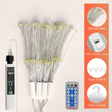Firework Lights Outdoor 120 LED String Lights with Remote, 8 Modes, Timer USB Rechargeable Battery Powered Smart Night Light for Christmas Tree Birthday Party Decorations Indoor Bedroom, 4 Pack