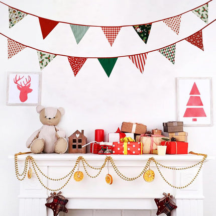 Zwiebeco 32Ft Christmas Pennant Banner Fabric Triangle Flags Garland Red Green White Cotton Bunting Banner for Xmas Party Birthday Wedding Christmas Year Fireplace Home Garden Outdoor Decorations