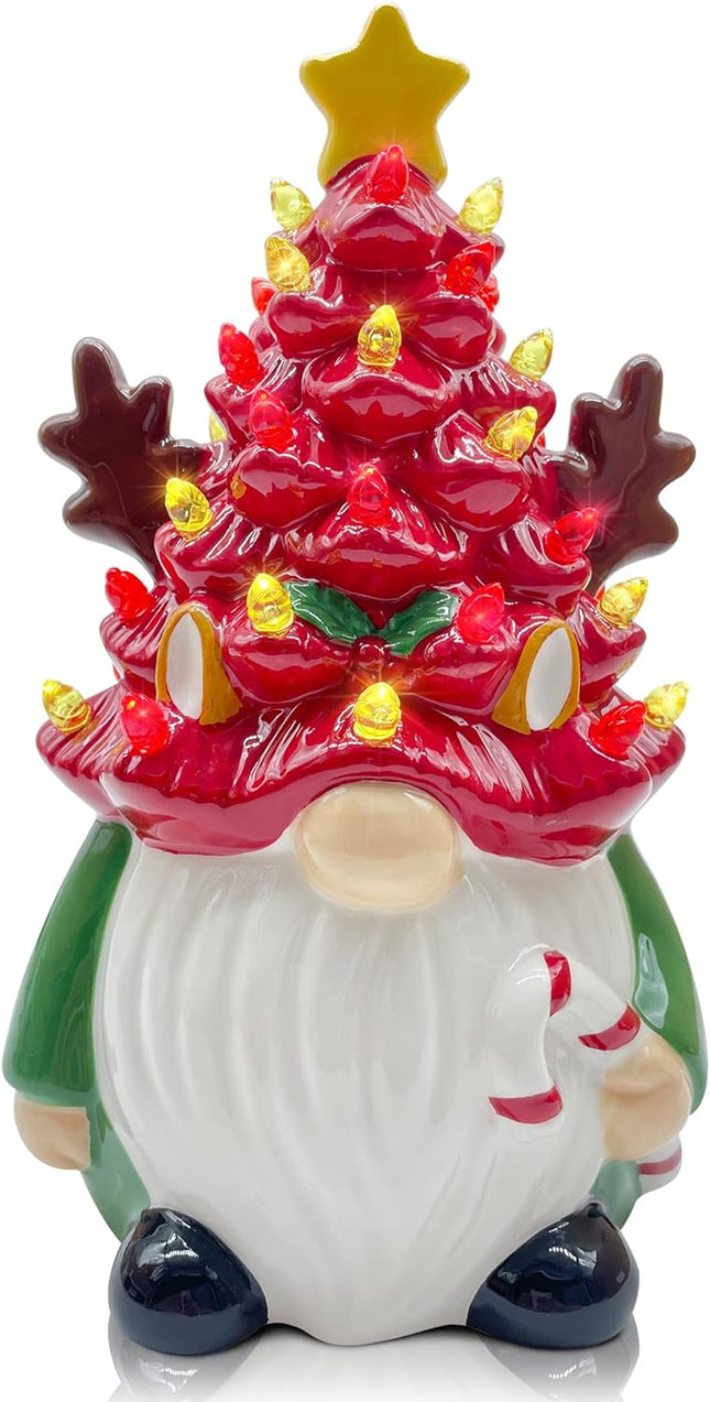 pinata Deer Ceramic Christmas Tree Gnomes, Christmas Kids Women s Lighted Small Christmas Tree Christmas Decorations Indoorhome Room Table Top, LED Farmhouse Reindeer Decor Figurine (Red Green)