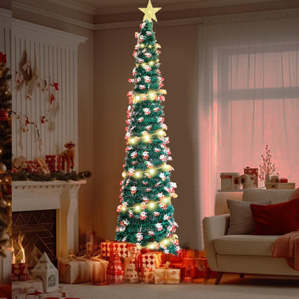 Artificial Christmas Tree, Pencil Christmas Tree with 50 LED Lights and 1 Christmas Tree Topper Star Skinny Christmas Tree for Indoor Outdoor Christmas Decorations (Santa Claus, 5FT)