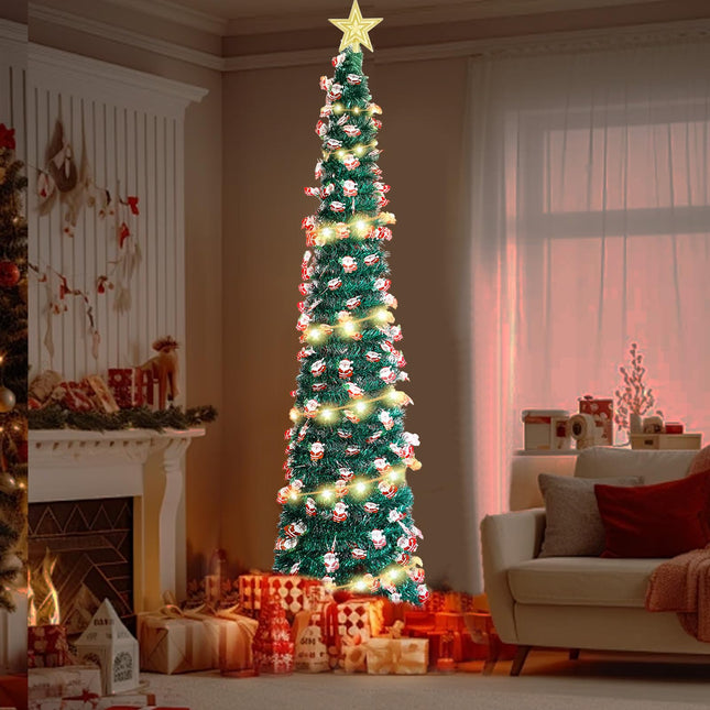 Artificial Christmas Tree, Pencil Christmas Tree with 50 LED Lights and 1 Christmas Tree Topper Star Skinny Christmas Tree for Indoor Outdoor Christmas Decorations (Santa Claus, 5FT)
