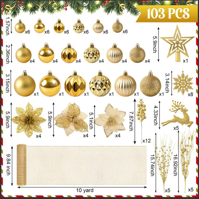 Ouddy Decor 103 Pcs Christmas Tree Decorations Set, Assorted Shatterproof Gold Christmas Ball Ornaments Christmas Metallic Mesh Ribbon Poinsettia Berries for Christmas Tree Holiday Winter Decor, Gold