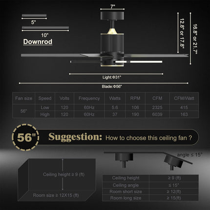 Black Ceiling Fan With Light And Remote，Black And Gold Ceiling Fans With Lights，56 Inch Modern Ceiling Fan With Light For Living