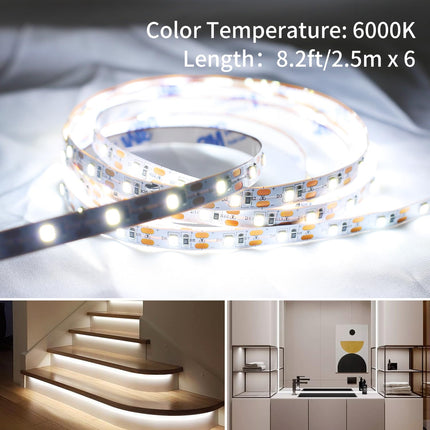 49.2ft USB LED Light Strip White with Battery Box (Batteries Not Included), Daylight LED White Strip Lights Cuttable LEDs for Bedroom, Mirror, Party, Camping, Birthday, Christmas, 8.2ft x 6